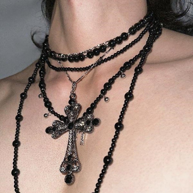 Original Design Disordered Pearl Cross Love Titanium Steel Necklace Heavy Industry Multi-Layer Pearl All-Match Jewelry - Image 3